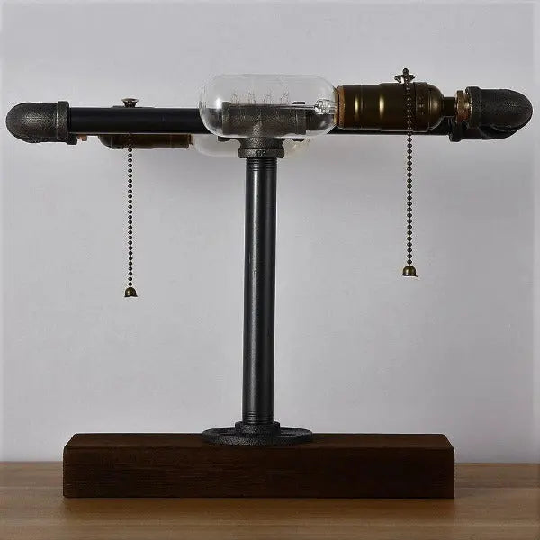 Industrial Table Lamp Solid Wood Base Black Pipe Gold Sockets E27