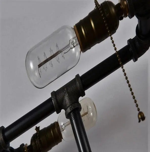Industrial Table Lamp Solid Wood Base Black Pipe Gold Sockets E27