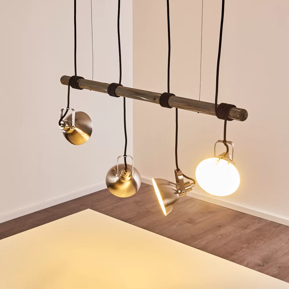 Industrial 4-Spot Ceiling Light Wood Brushed Steel E14