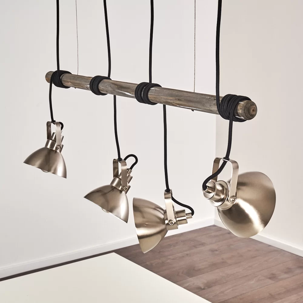 Industrial 4-Spot Ceiling Light Wood Brushed Steel E14