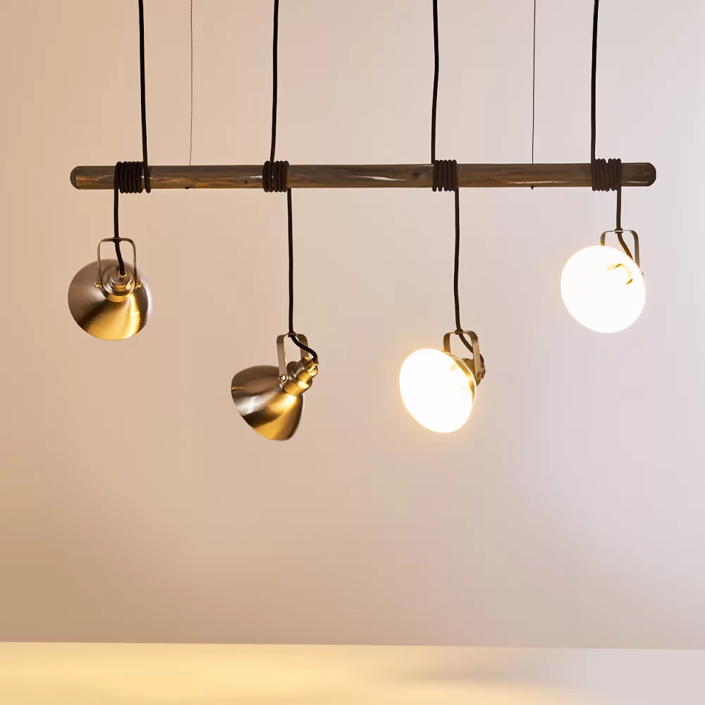 Industrial 4-Spot Ceiling Light Wood Brushed Steel E14