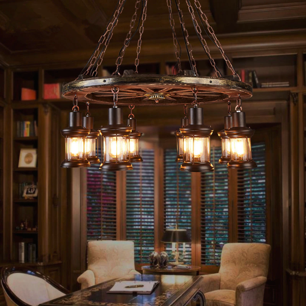 Industrial Wheel Chandelier Solid Wood Metal Lanterns E27 Brown Ø75cm