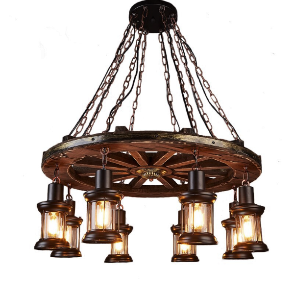 Industrial Wheel Chandelier Solid Wood Metal Lanterns E27 Brown Ø75cm