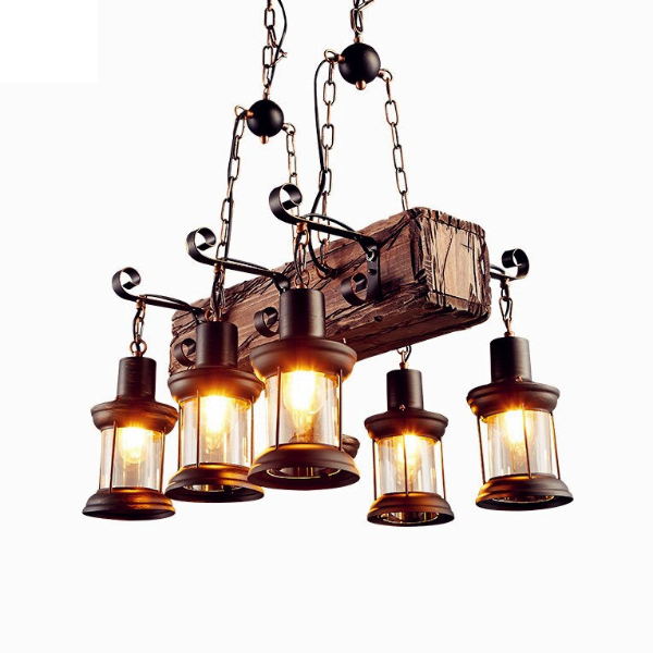 Industrial Chandelier Solid Wood 6 Lanterns E27 Brown Ø55cm