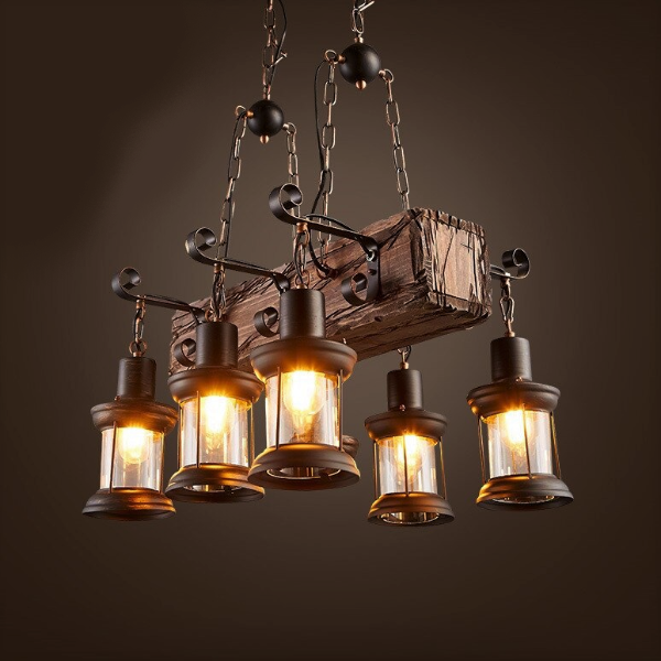 Industrial Chandelier Solid Wood 6 Lanterns E27 Brown Ø55cm