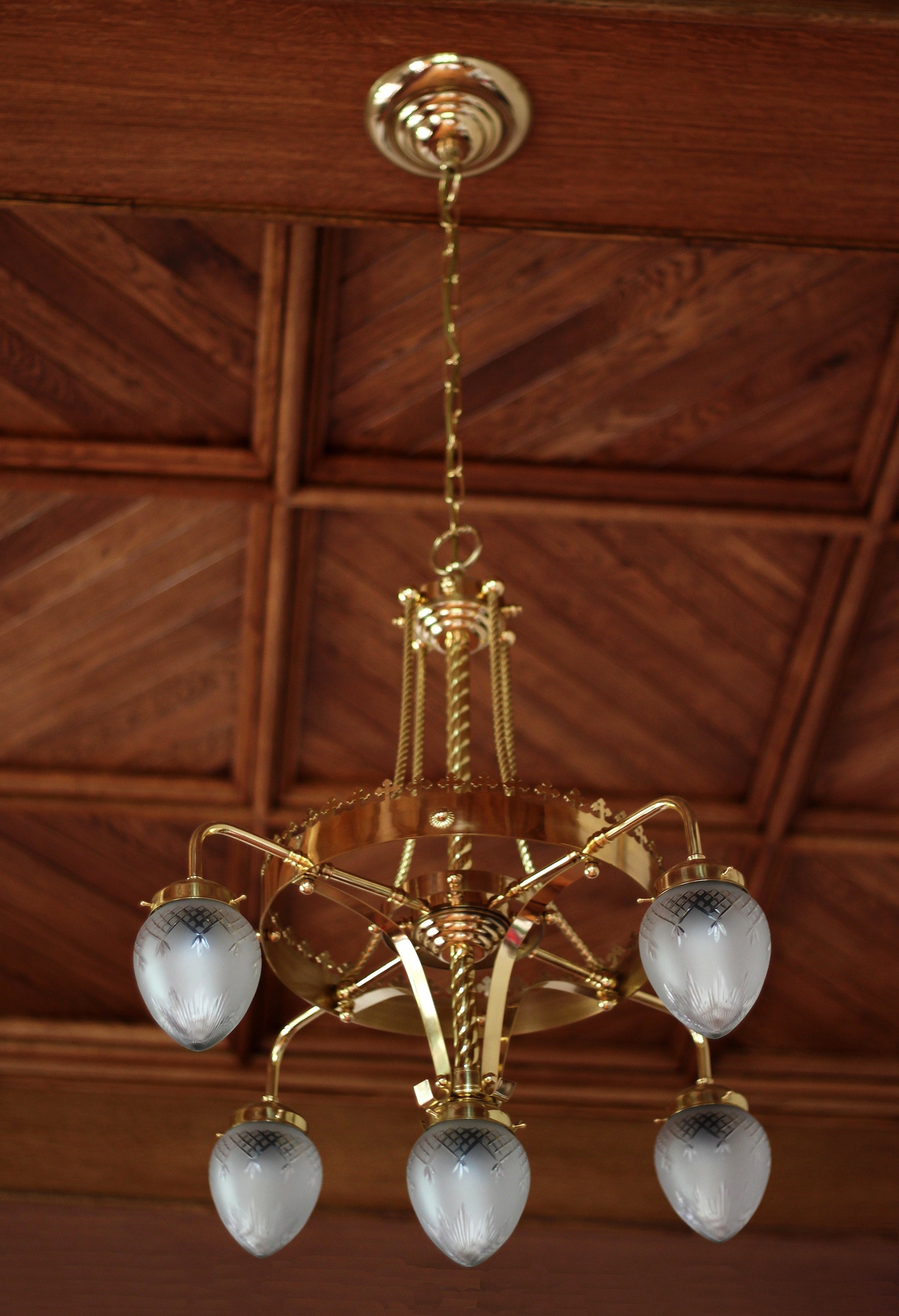 Five-Light Brass Chandelier Glass Shades Ø80cm H95cm 5×E27 4 Finishes