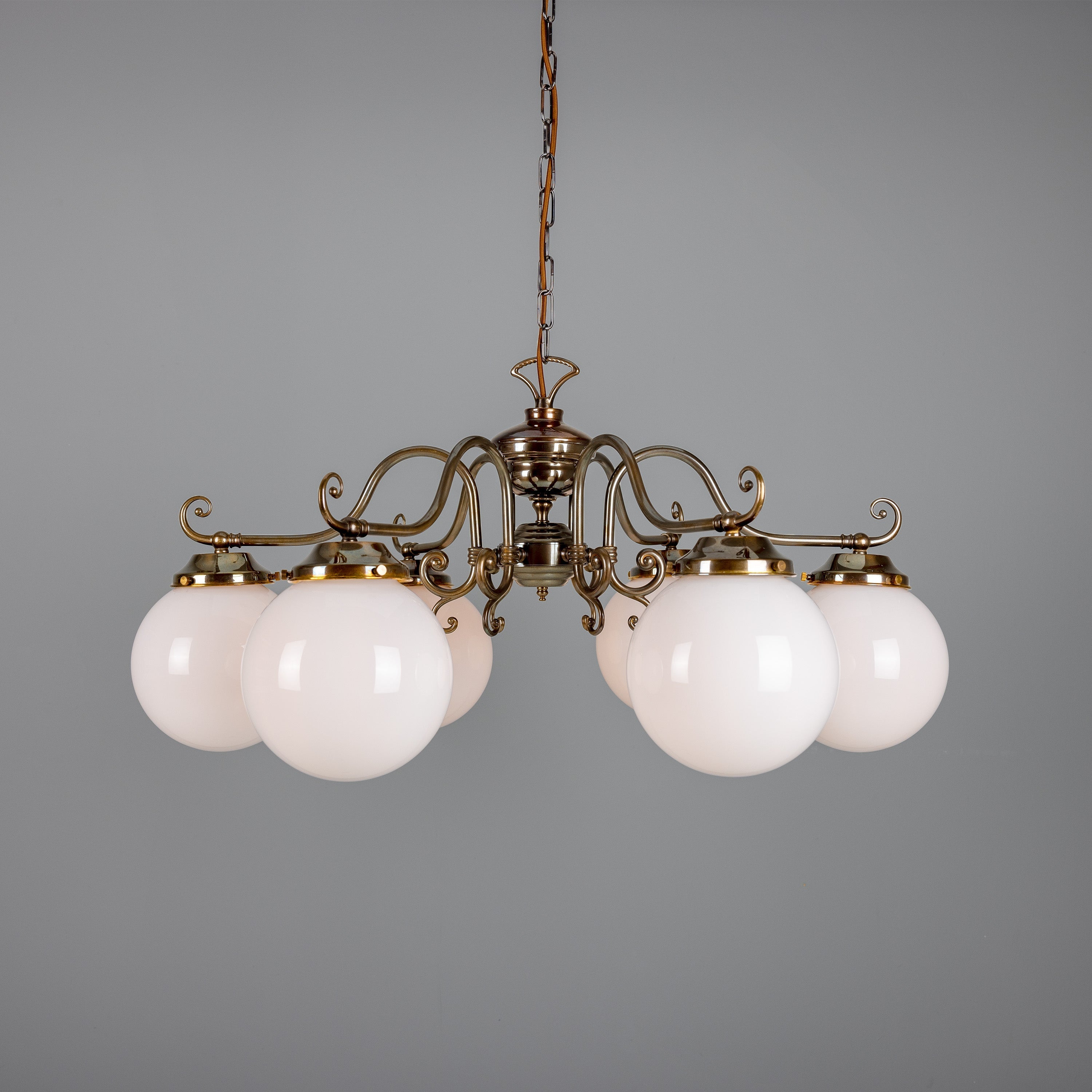 Six-Light Brass Chandelier with Opal Glass Globes Ø95cm