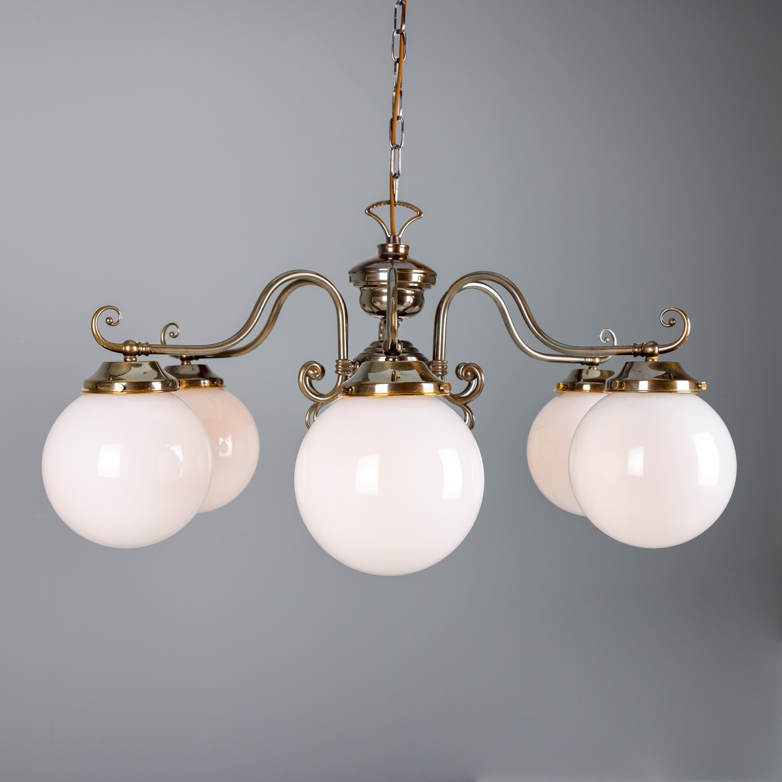 Six-Light Brass Chandelier with Opal Glass Globes Ø95cm