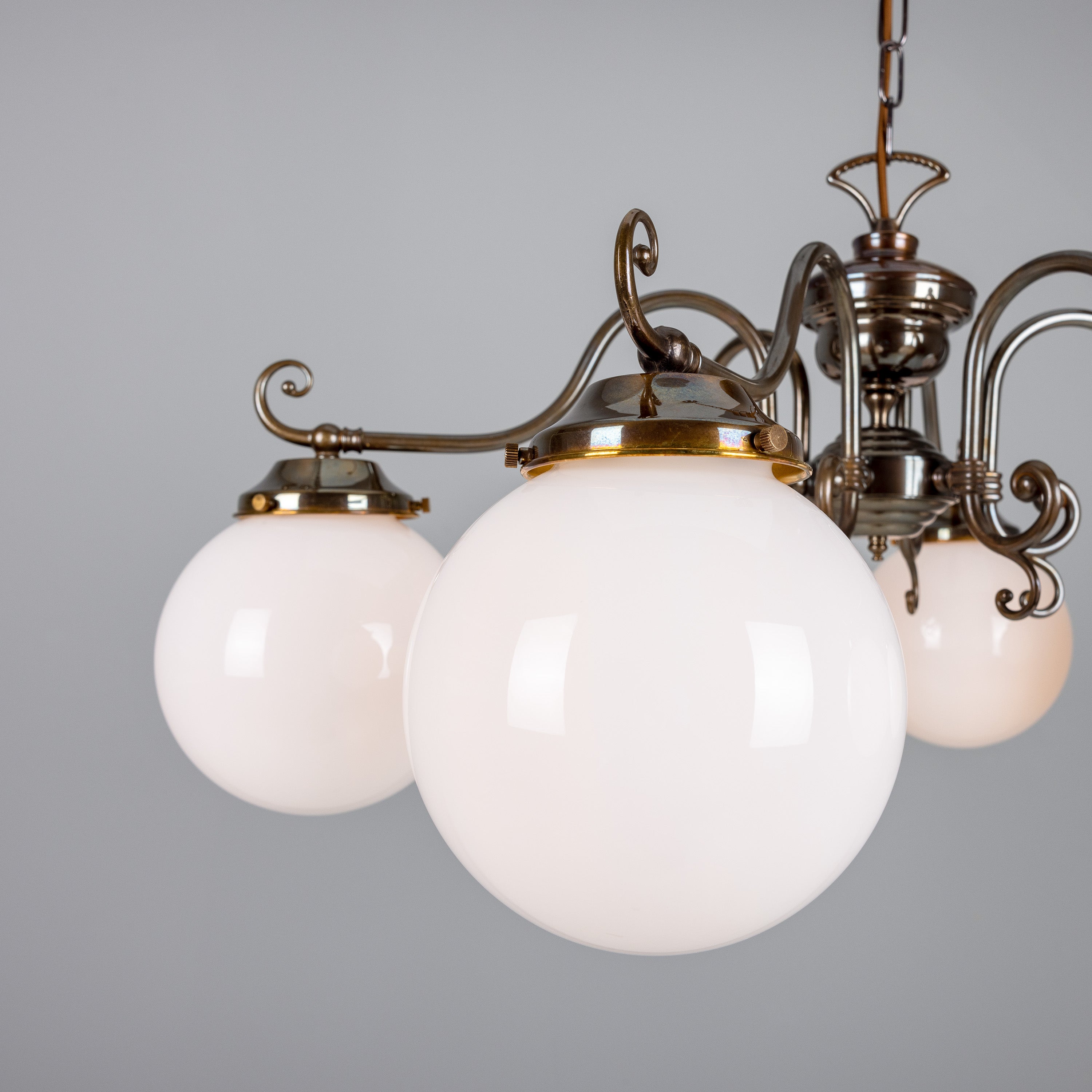 Six-Light Brass Chandelier with Opal Glass Globes Ø95cm