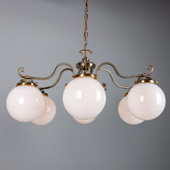Six-Light Brass Chandelier with Opal Glass Globes Ø95cm