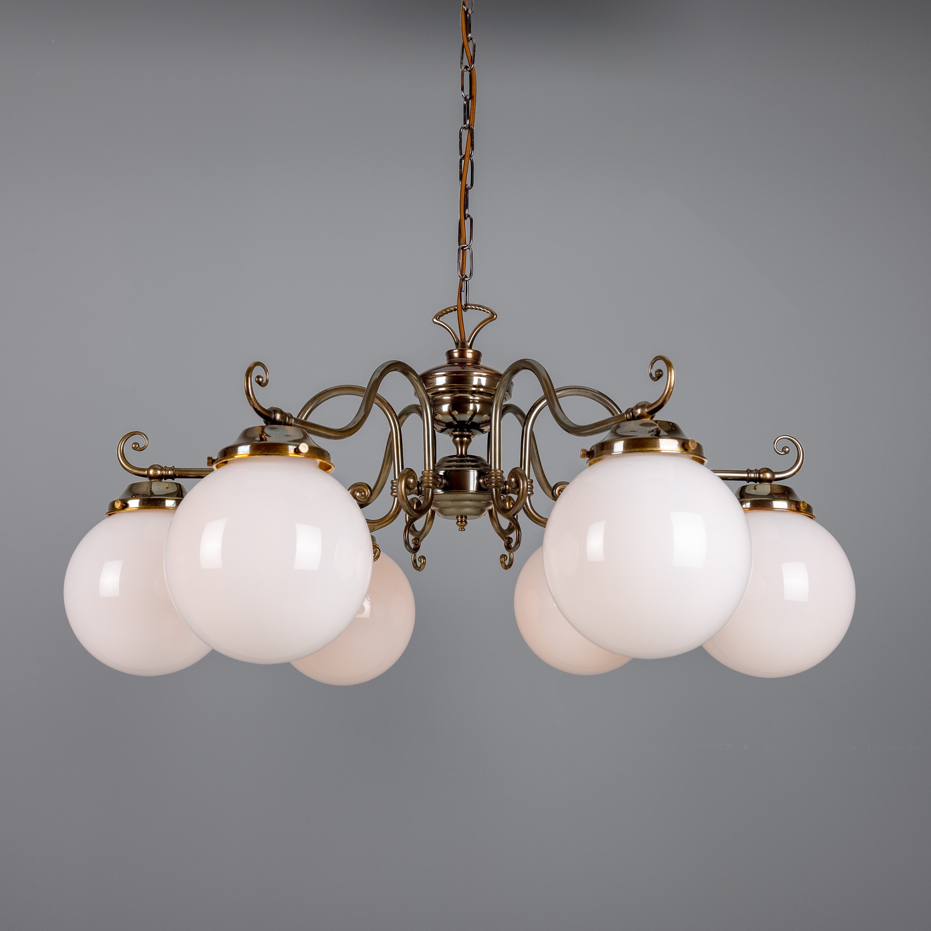 Six-Light Brass Chandelier with Opal Glass Globes Ø95cm