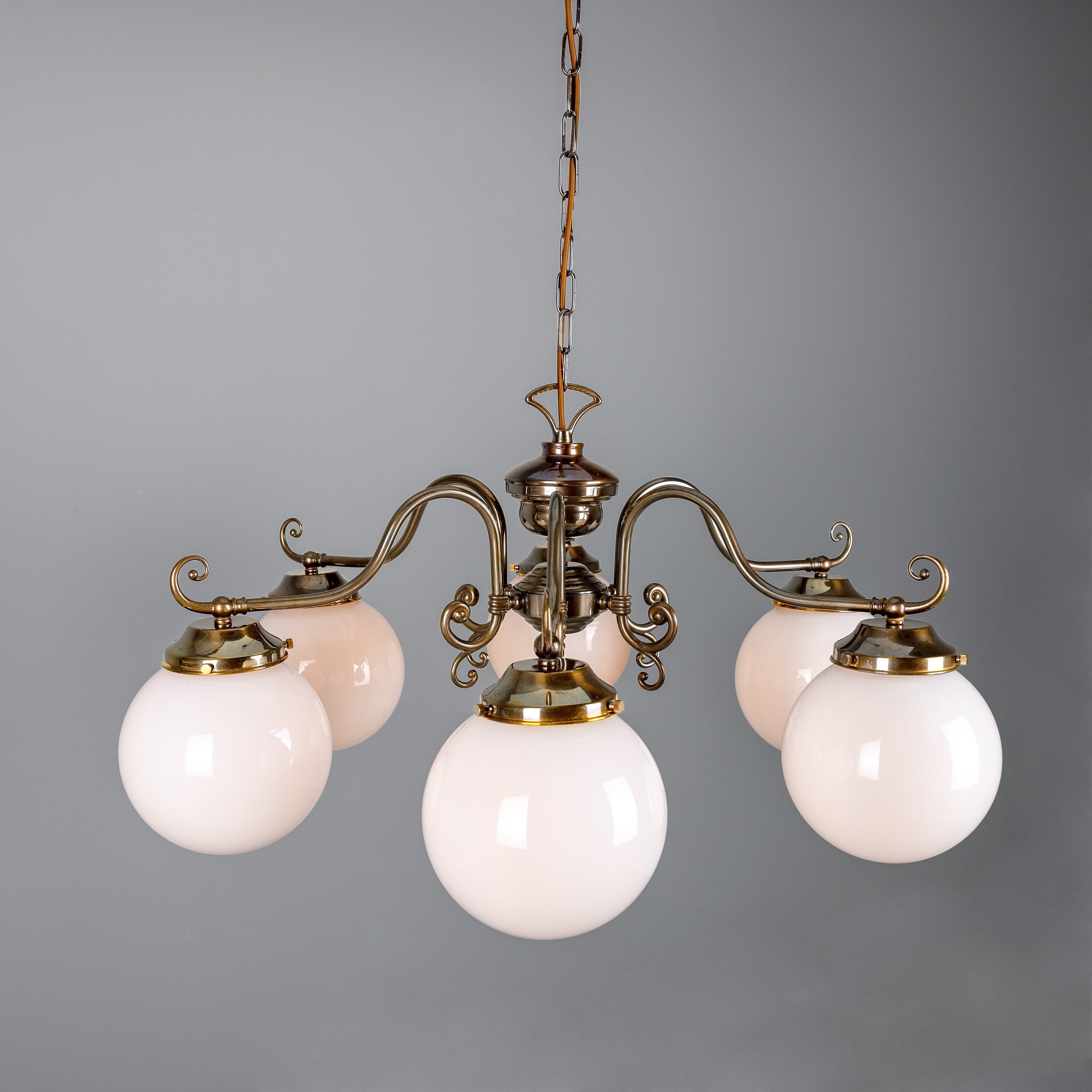 Six-Light Brass Chandelier with Opal Glass Globes Ø95cm