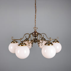 Six-Light Brass Chandelier with Opal Glass Globes Ø95cm