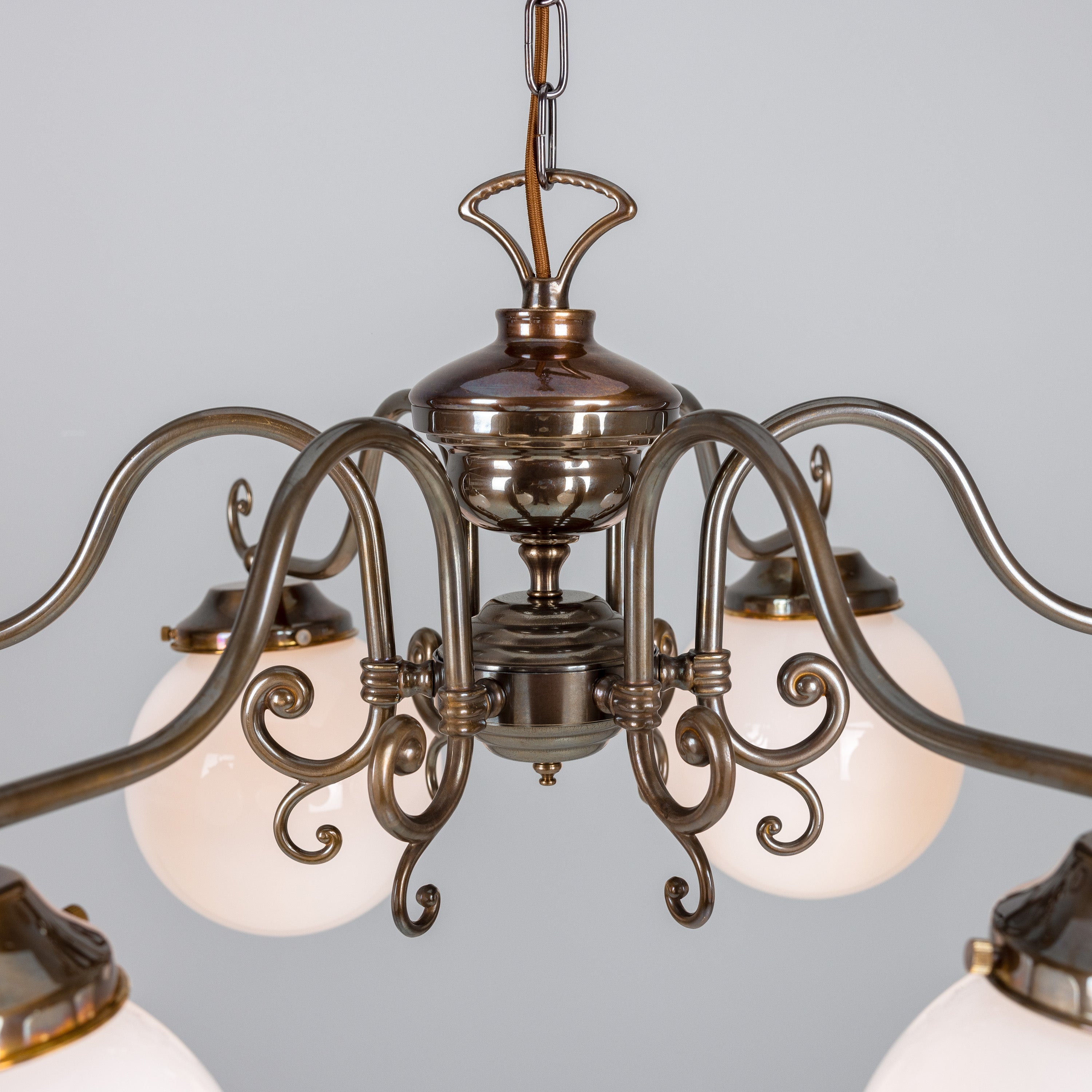 Six-Light Brass Chandelier with Opal Glass Globes Ø95cm