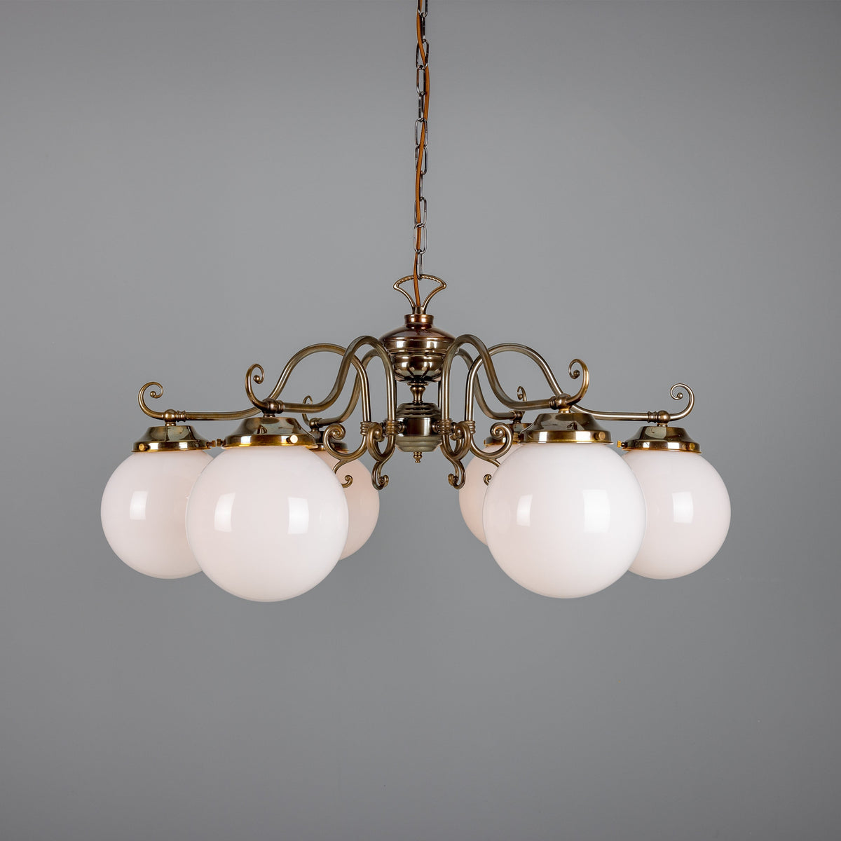 Six-Light Brass Chandelier with Opal Glass Globes Ø95cm