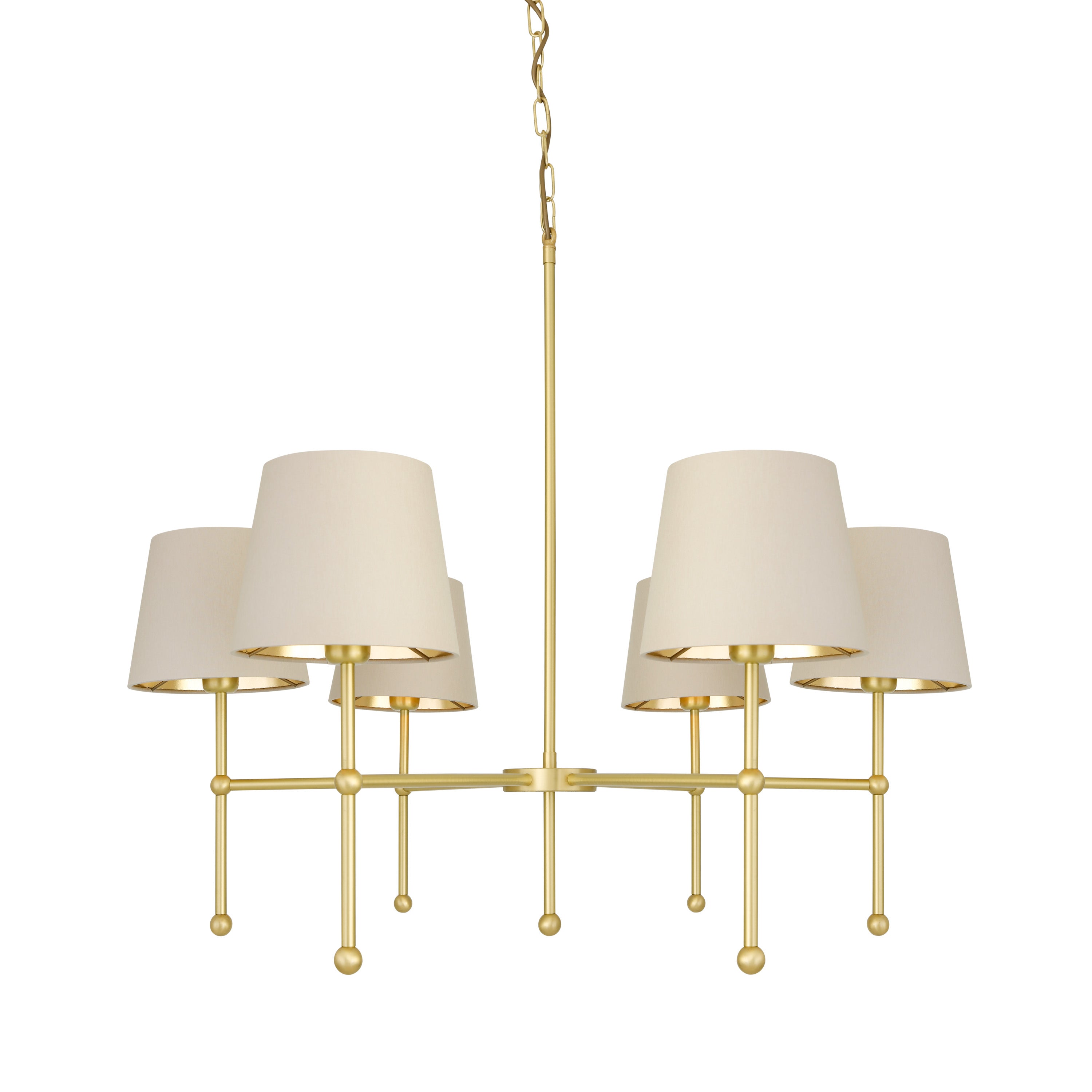 Six-Arm Brass Chandelier Fabric Shades Ø95cm 6×E27 4 Finishes 2 Shade Colours