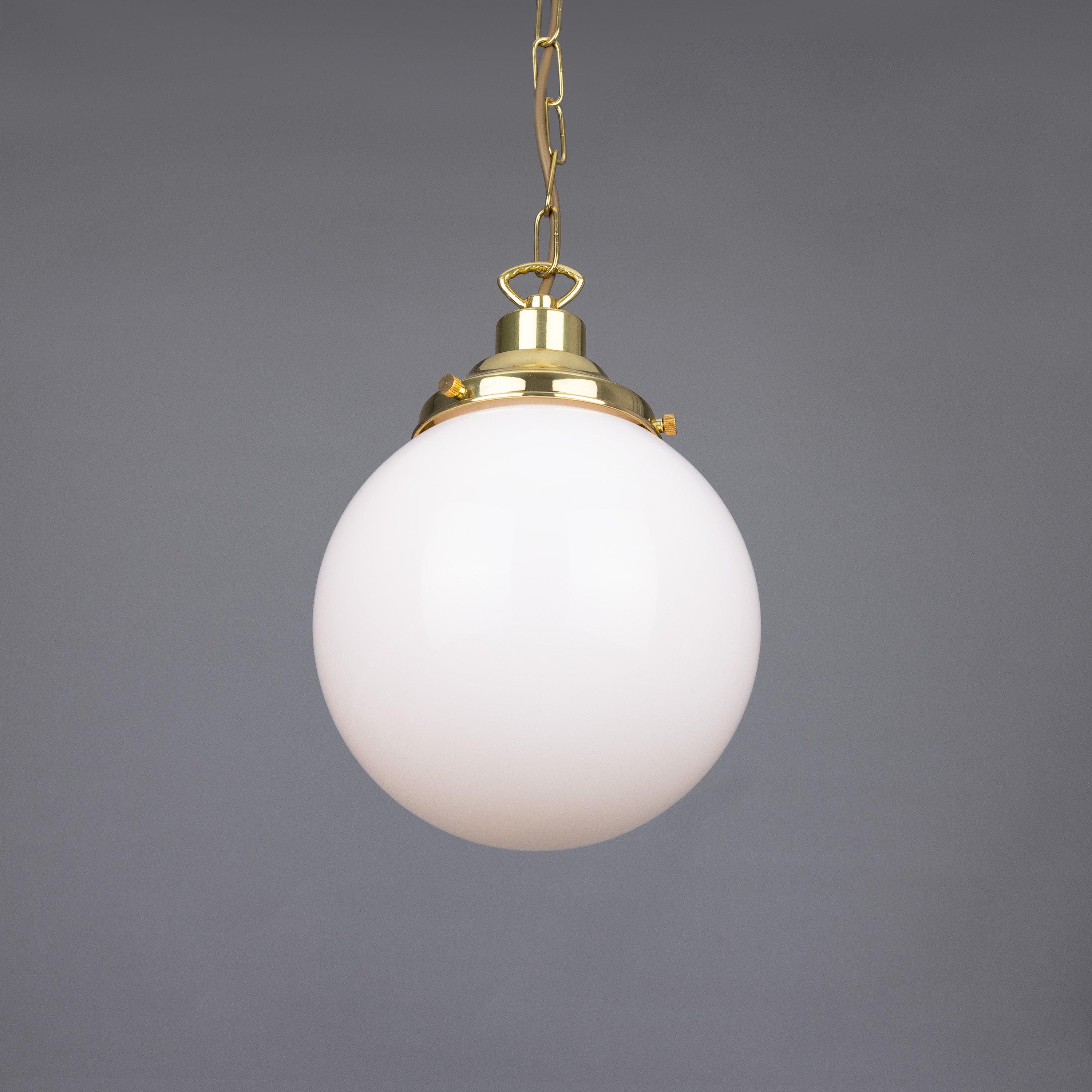 Opal Glass Globe Pendant Light, Brass Gallery, E27, 5 Sizes