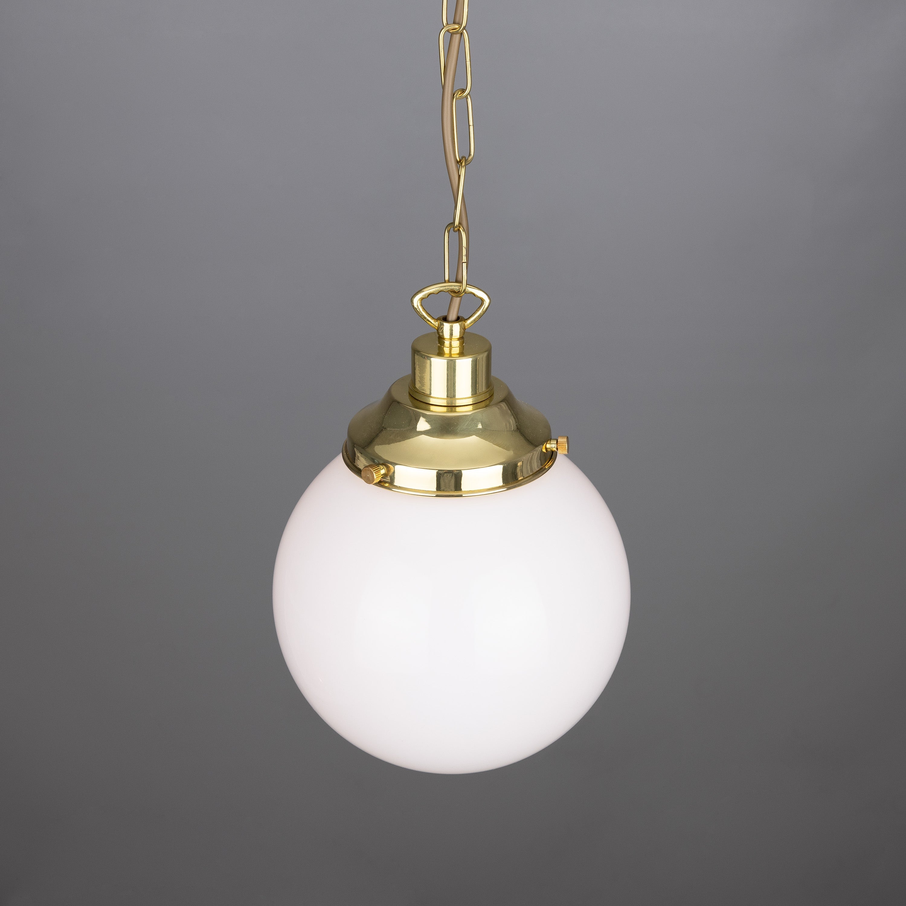 Opal Glass Globe Pendant Light, Brass Gallery, E27, 5 Sizes