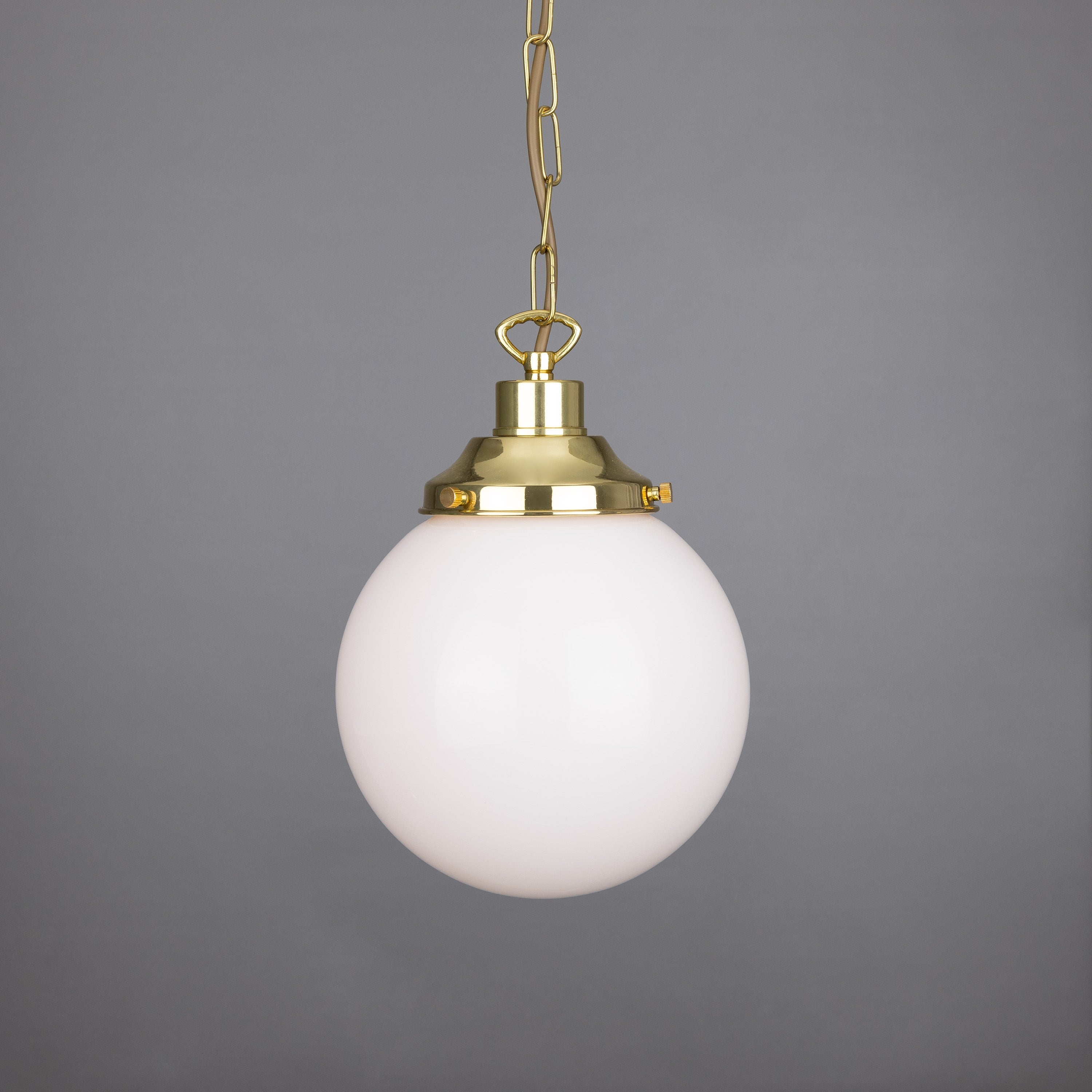 Opal Glass Globe Pendant Light, Brass Gallery, E27, 5 Sizes