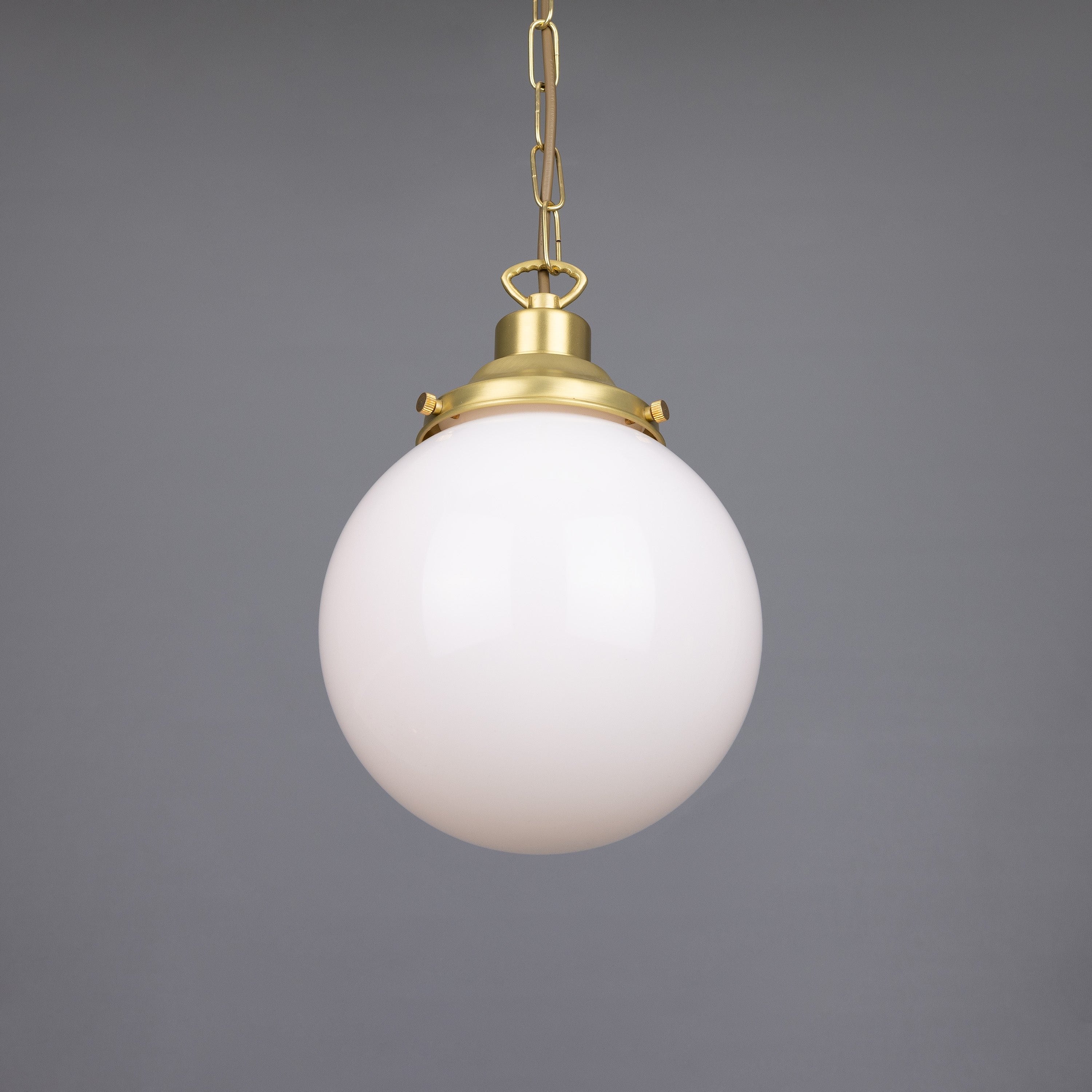 Opal Glass Globe Pendant Light, Brass Gallery, E27, 5 Sizes