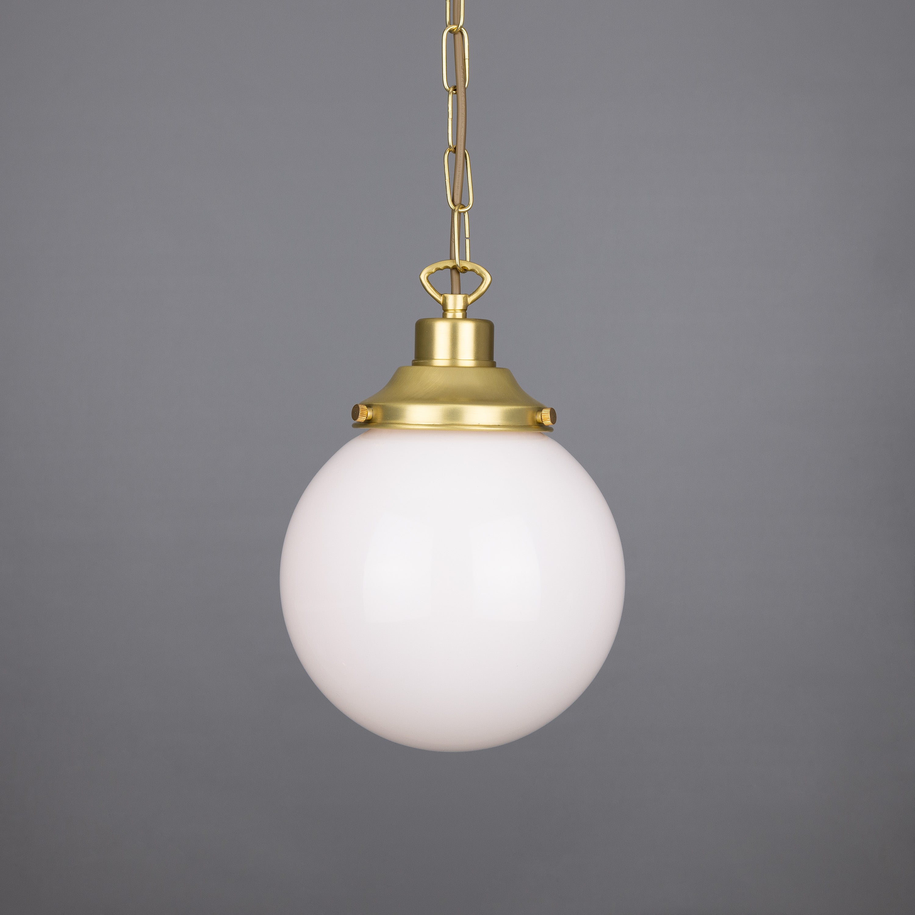 Opal Glass Globe Pendant Light, Brass Gallery, E27, 5 Sizes