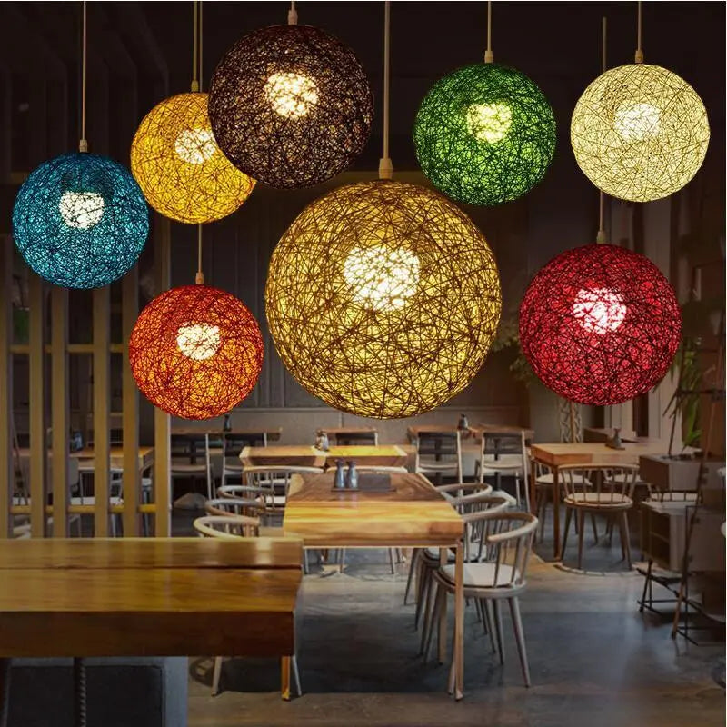 Vintage Rattan Pendant Light E27 4 Sizes 12 Colours