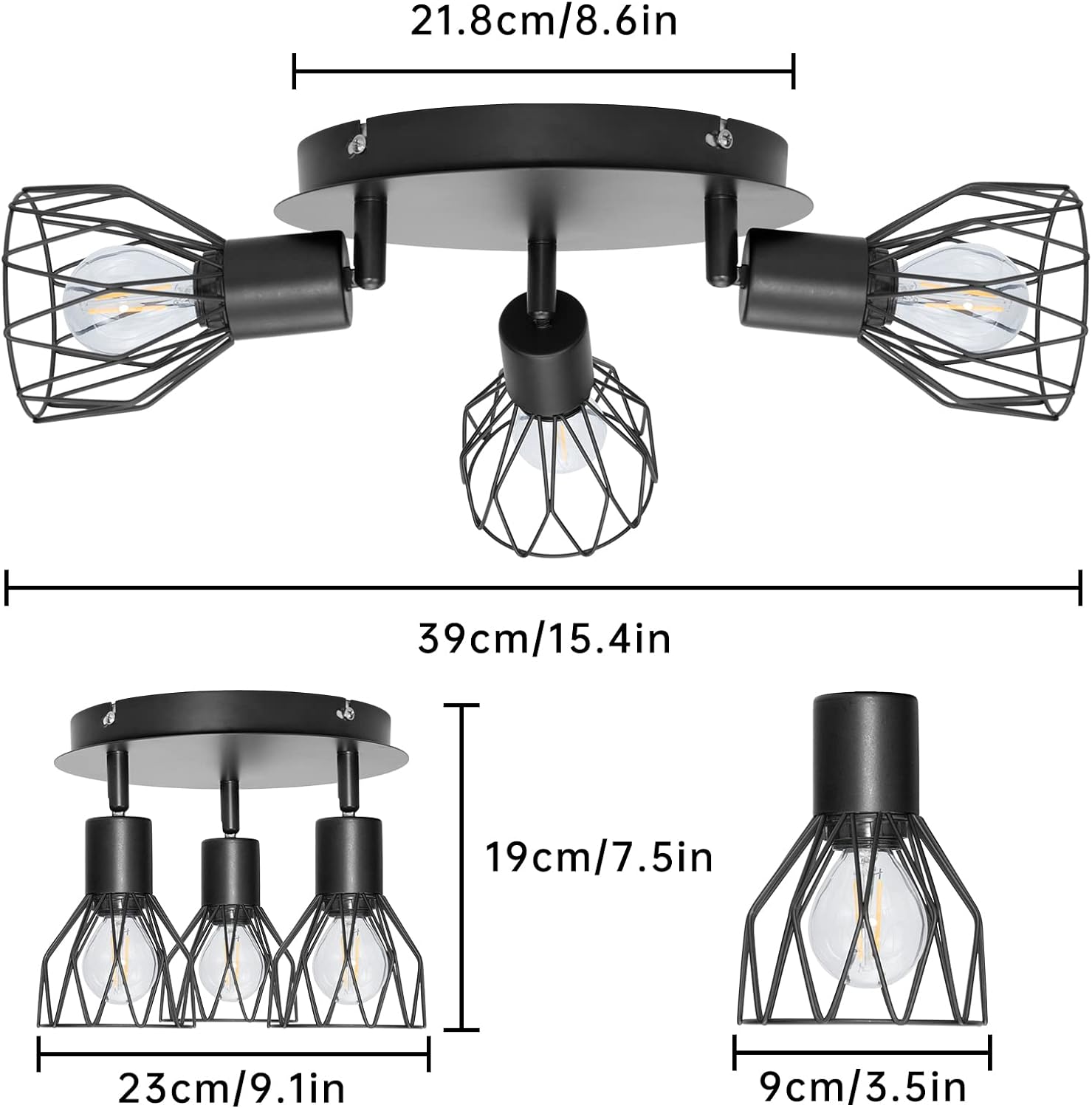 Industrial 3-Spot Ceiling Light Brass Iron Adjustable 3×E14