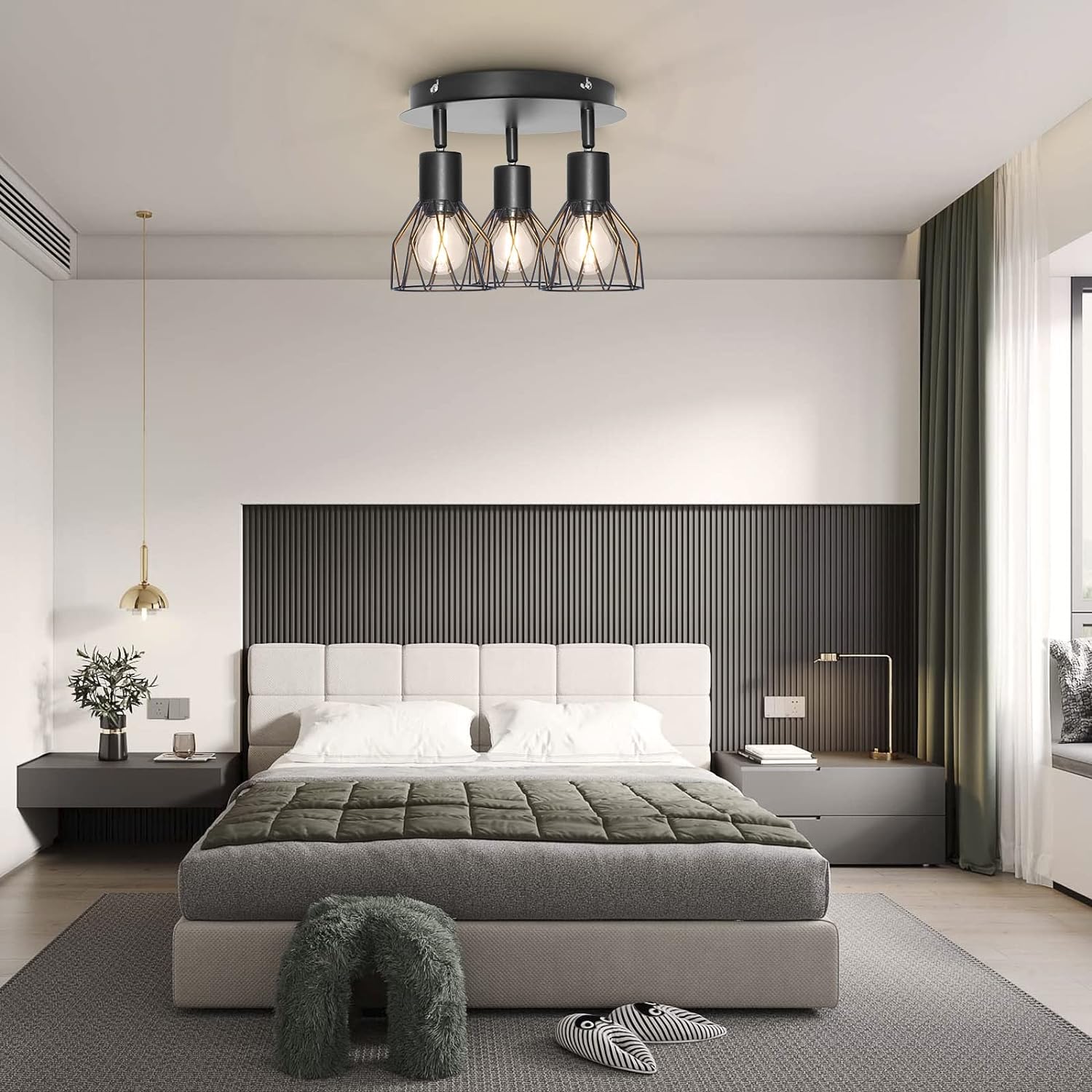 Industrial 3-Spot Ceiling Light Brass Iron Adjustable 3×E14
