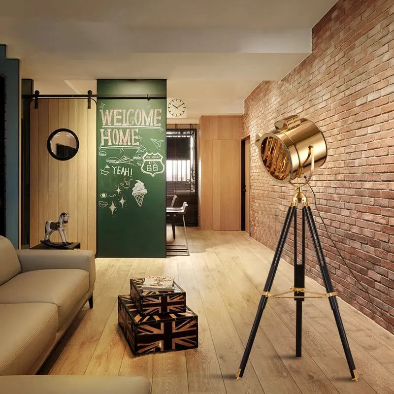Gold Industrial Tripod Floor Lamp — Stainless Steel & Wood, 130–185 cm