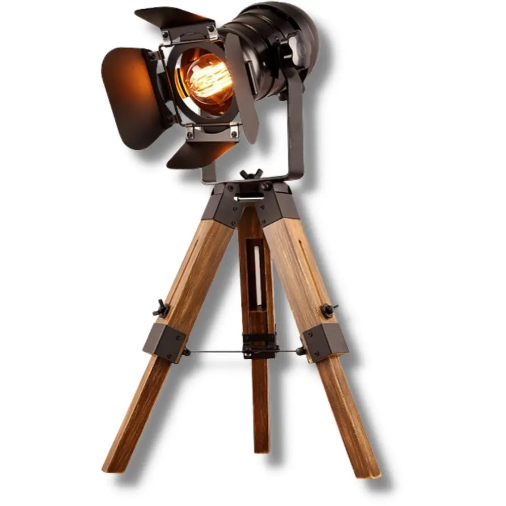 Industrial Spotlight Floor Lamp — 360° Adjustable Head, Wood & Metal
