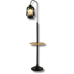 Industrial Lantern Floor Lamp with Wooden Shelf — 165 cm