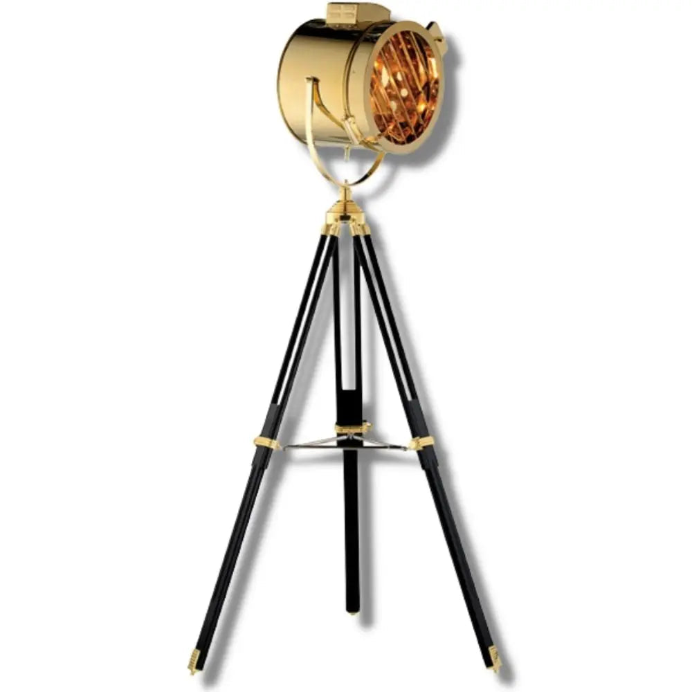 Gold Industrial Tripod Floor Lamp — Stainless Steel & Wood, 130–185 cm