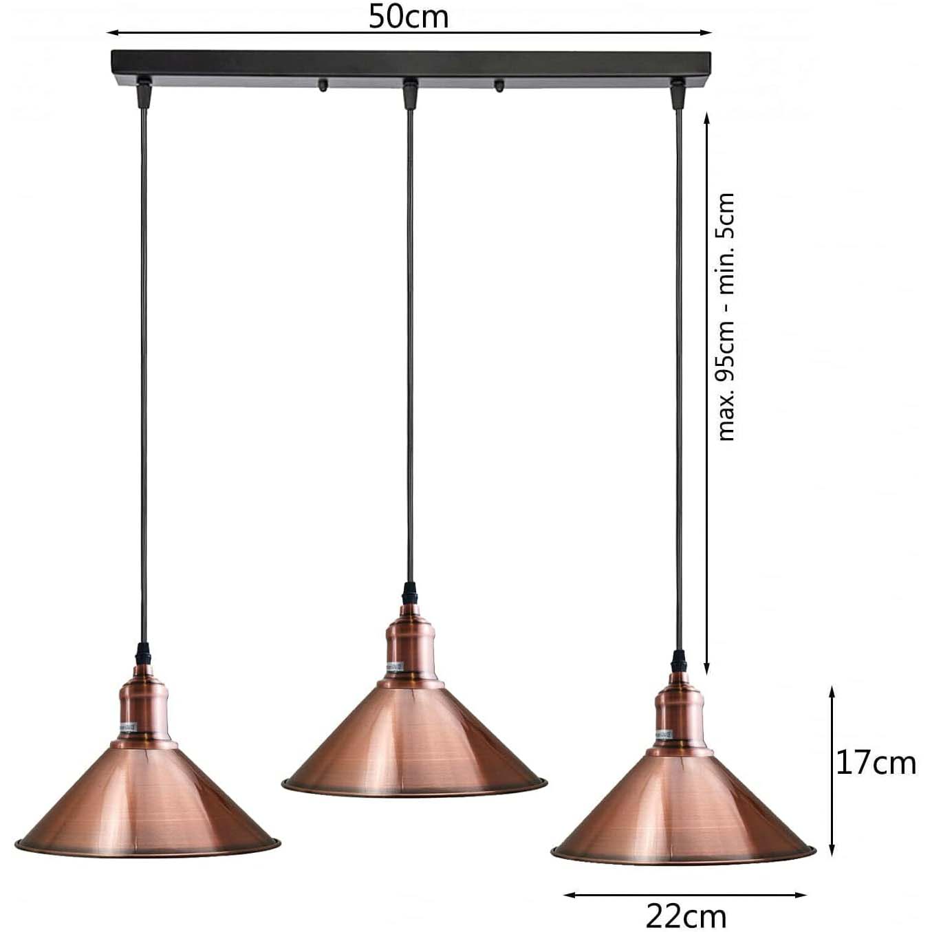 3-Light Copper Pendant Iron E27 Adjustable 95cm Width 50cm