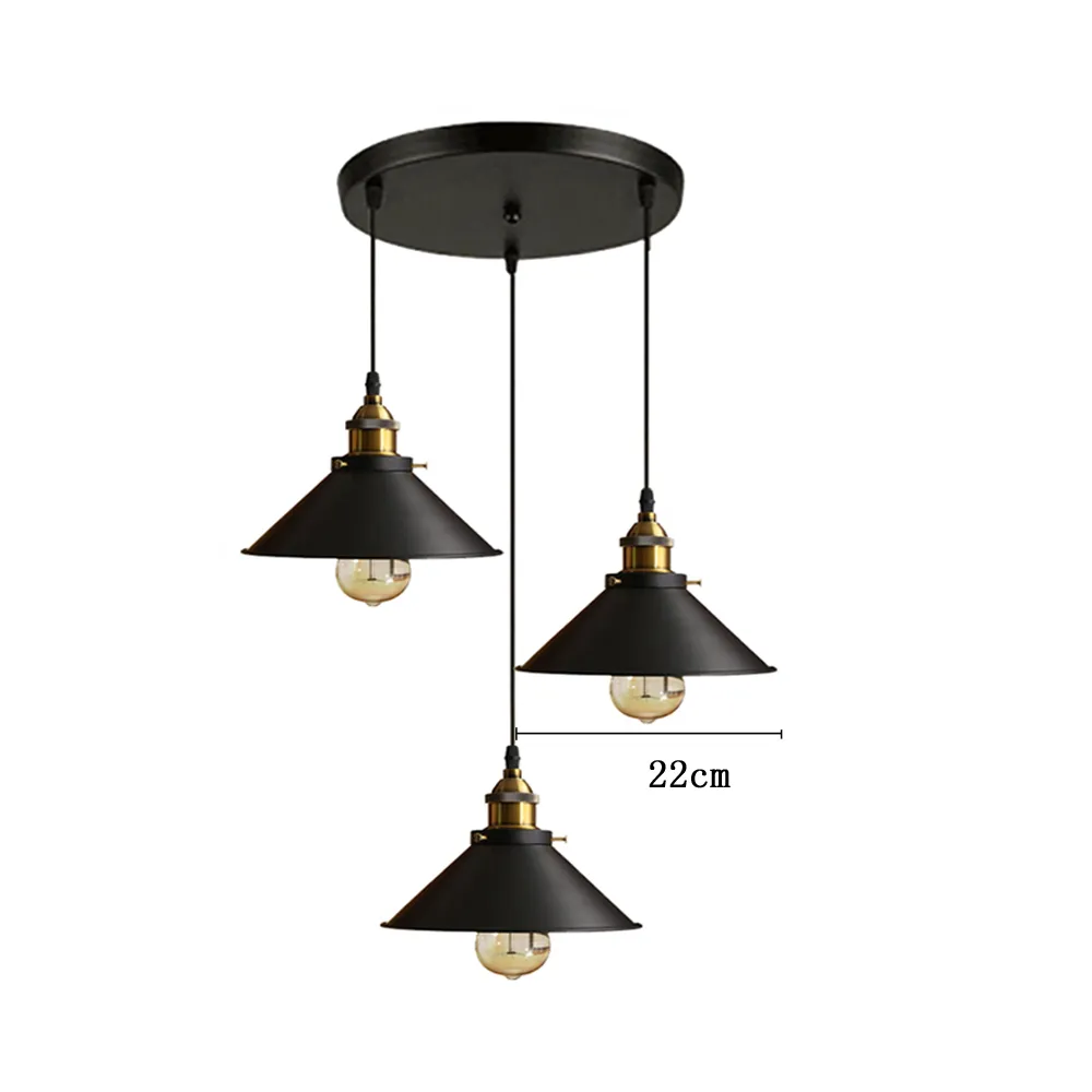 Industrial 3-Light Pendant Black Iron 3×E27 40W Straight or Round Bar