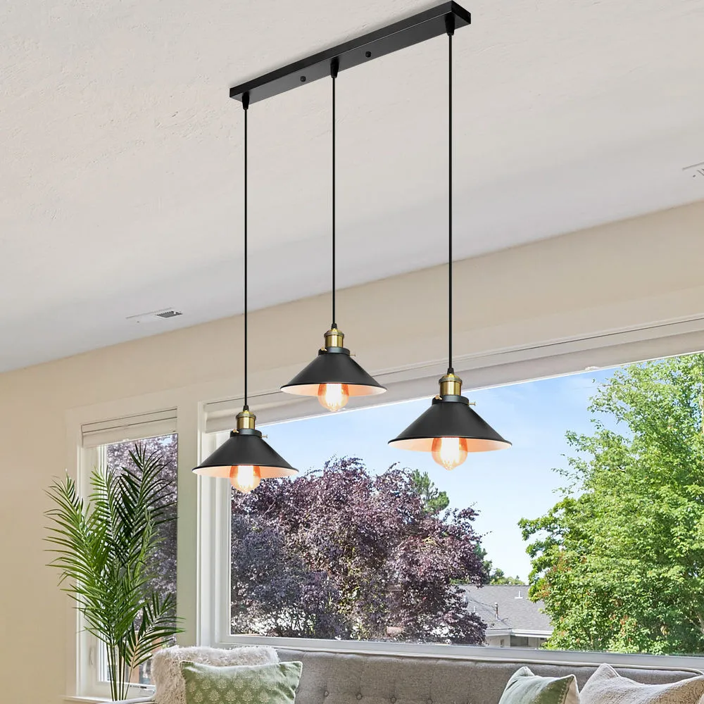 Industrial 3-Light Pendant Black Iron 3×E27 40W Straight or Round Bar