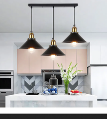 Industrial 3-Light Pendant Black Iron 3×E27 40W Straight or Round Bar