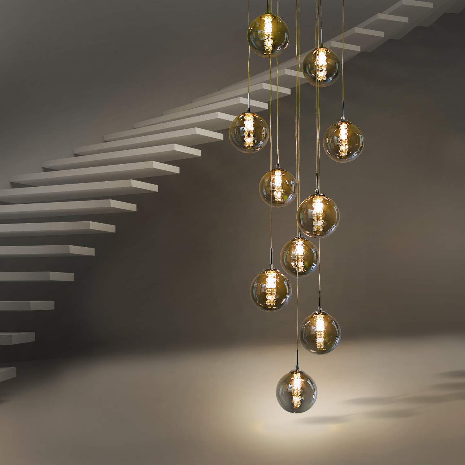 Industrial Staircase Pendant Light Smoked Glass G9 3000K — 3, 6, 10 or 15 Globes