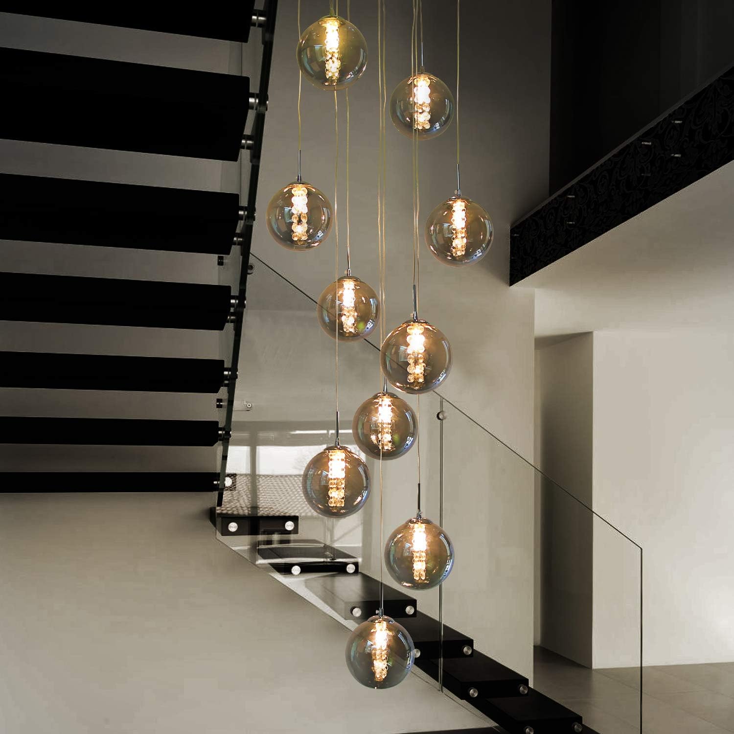 Industrial Staircase Pendant Light Smoked Glass G9 3000K — 3, 6, 10 or 15 Globes