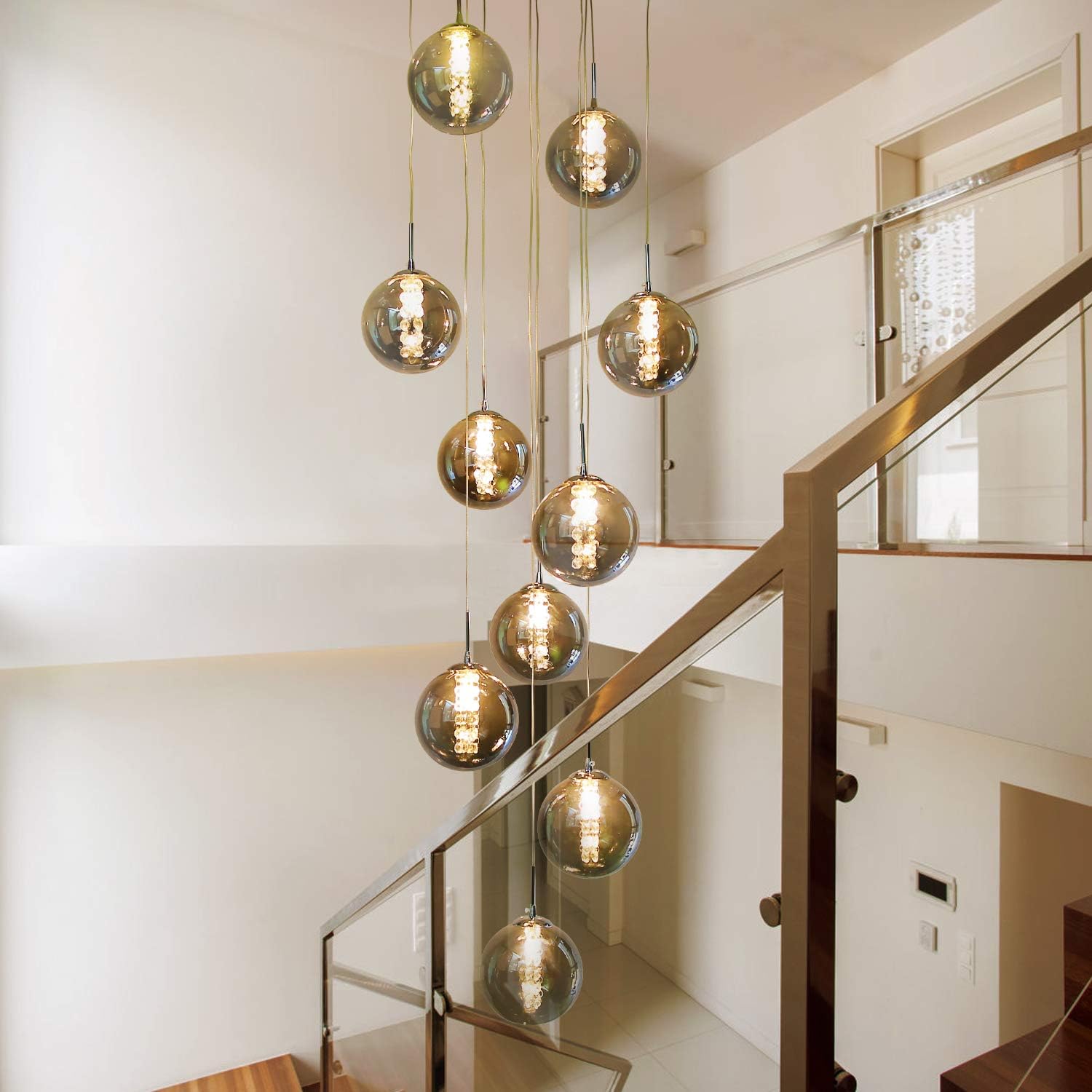 Industrial Staircase Pendant Light Smoked Glass G9 3000K — 3, 6, 10 or 15 Globes