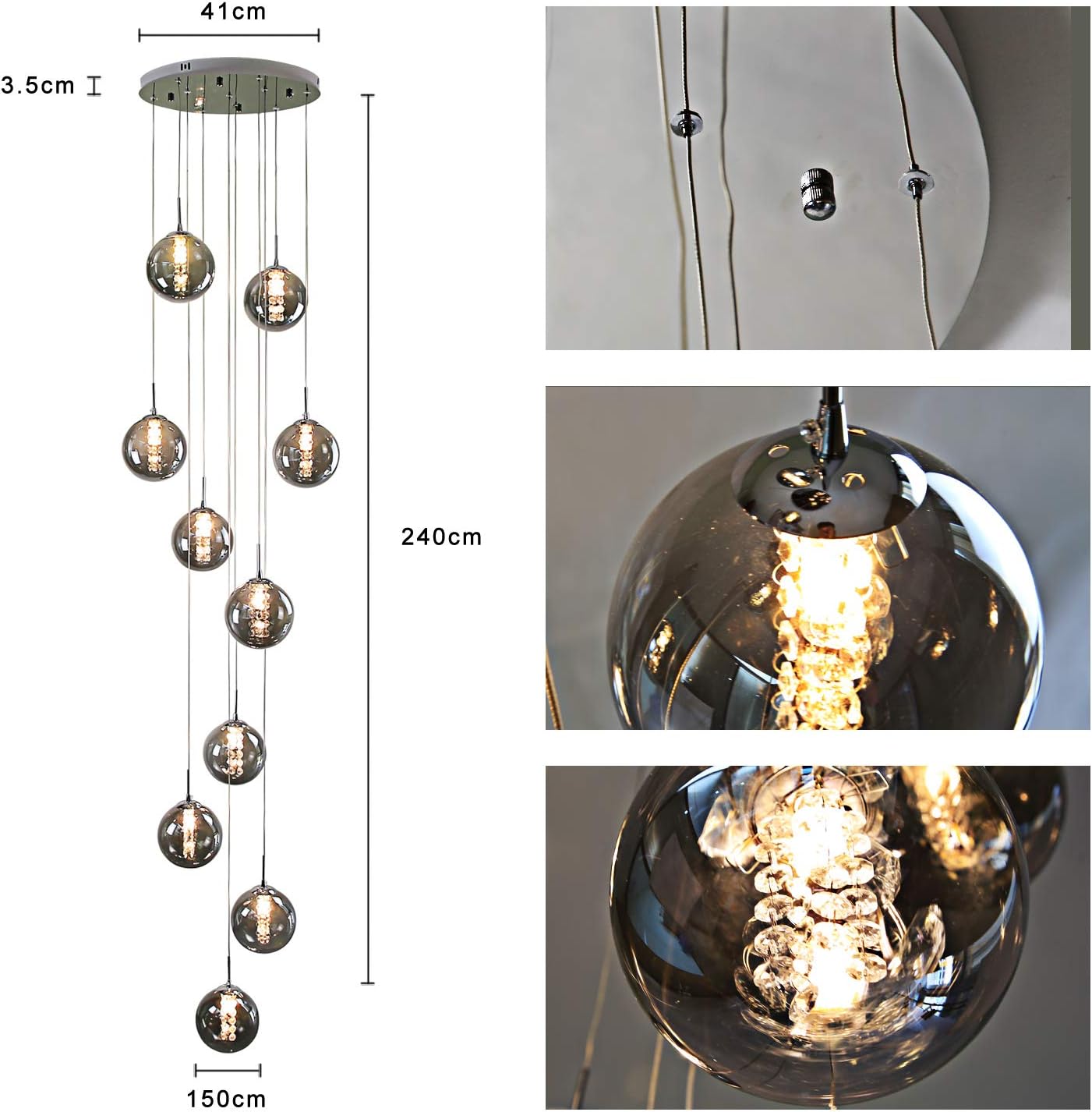 Industrial Staircase Pendant Light Smoked Glass G9 3000K — 3, 6, 10 or 15 Globes