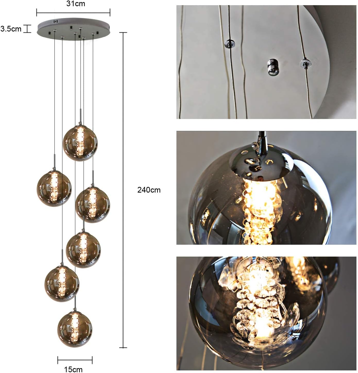 Industrial Staircase Pendant Light Smoked Glass G9 3000K — 3, 6, 10 or 15 Globes