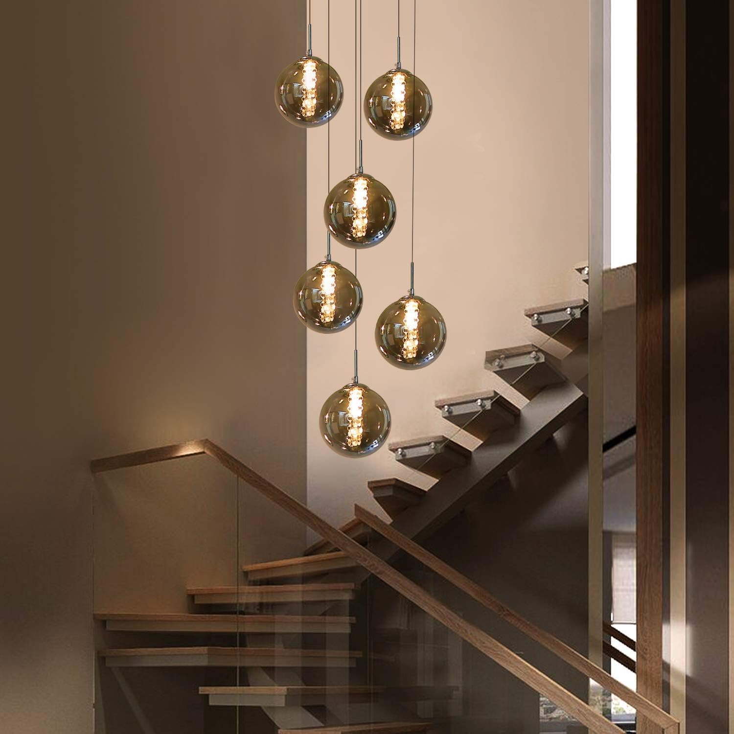 Industrial Staircase Pendant Light Smoked Glass G9 3000K — 3, 6, 10 or 15 Globes
