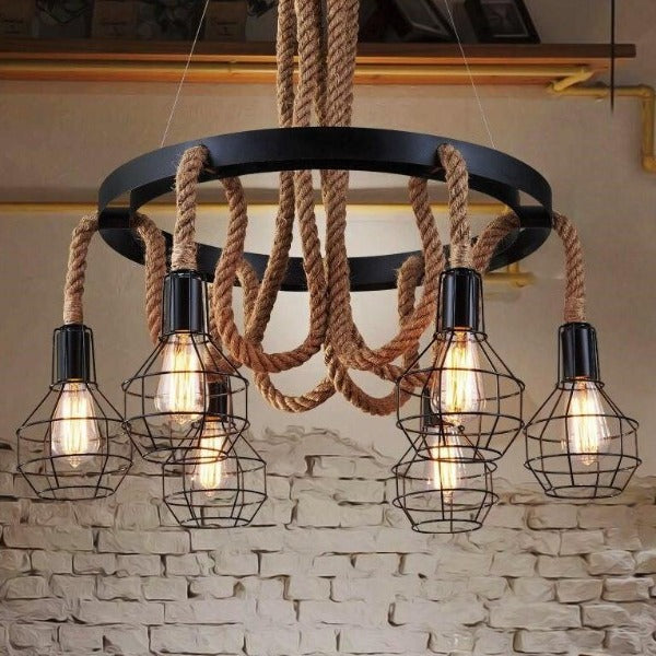 Industrial Pendant Light Metal Rope E27 Black Brown Ø80cm