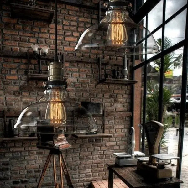 Industrial Rustic Glass Pendant Light Brass E27 — H100cm × W25cm
