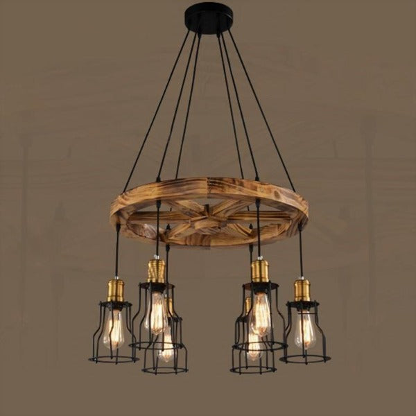 Brooklyn Industrial Pendant Light Wood Cage E27 Brown Black Gold Ø60cm