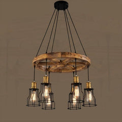 Brooklyn Industrial Pendant Light Wood Cage E27 Brown Black Gold Ø60cm