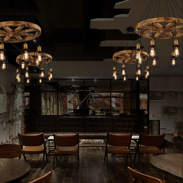 Brooklyn Industrial Pendant Light Wood Cage E27 Brown Black Gold Ø60cm