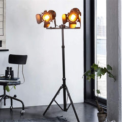 Double Industrial Cinema Floor Lamp Wood Unfinished Metal 2×E27