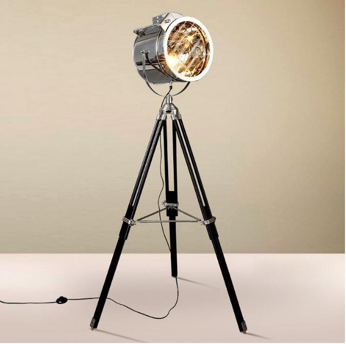 Industrial Cinema Projector Floor Lamp Wood Unfinished Steel E27