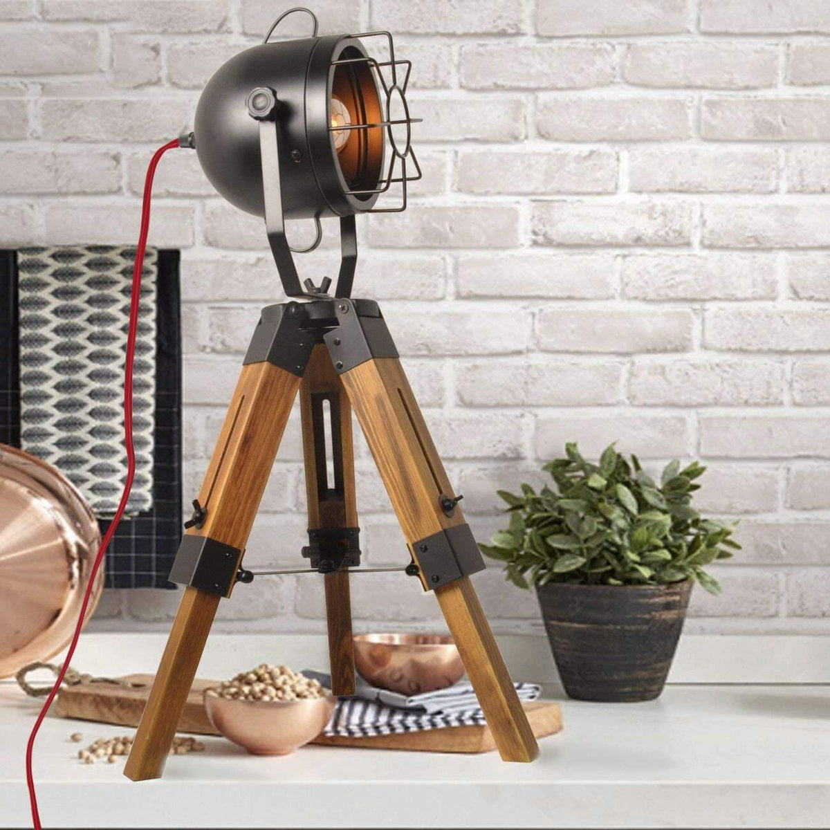 Industrial Cinema Spotlight Floor Lamp, E27, Adjustable, Wood & Metal